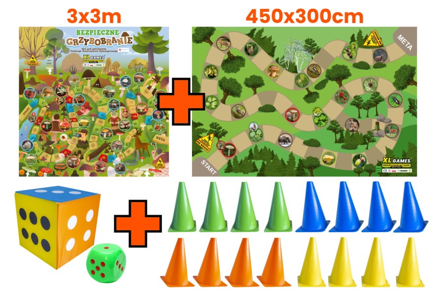 ZESTAW: Gra XL - Las 450x300cm + Gra XL - Bezpieczne Grzybobranie 3x3m + 16 pionków + 2 różne kostki