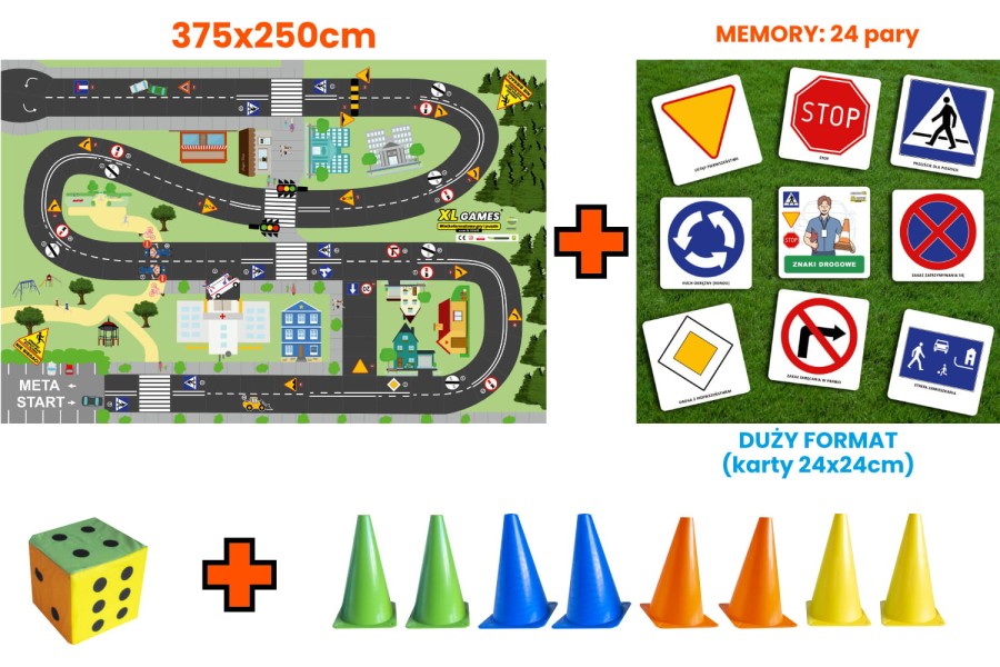 ZESTAW: Gra XL - Ruch Drogowy 375x250cm + Memory XL Znaki Drogowe + Kostka + 8 Pionków