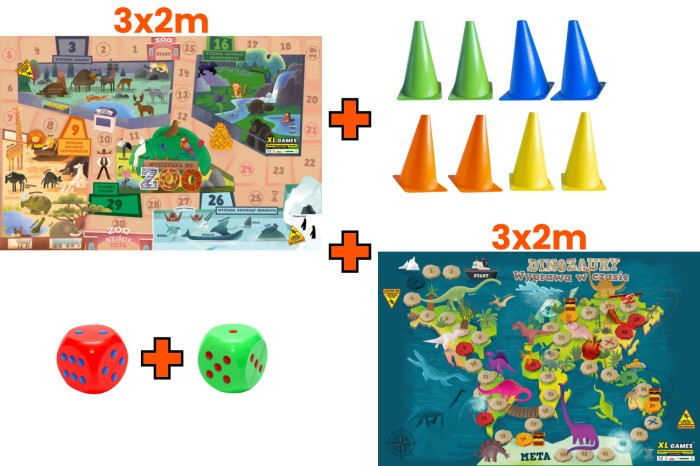 ZESTAW: Gra XL - Wycieczka do ZOO 3x2m + Gra XL - Dinozaury 3x2m + 2 Kostki + 8 Pionków