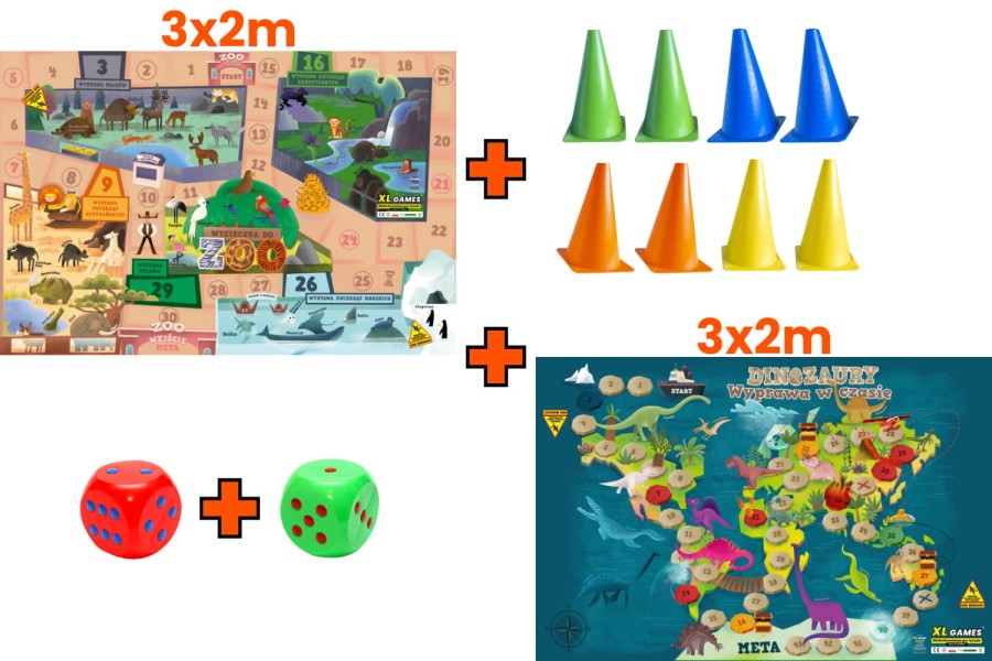 ZESTAW: Gra XL - Wycieczka do ZOO 3x2m + Gra XL - Dinozaury 3x2m + 2 Kostki + 8 Pionków