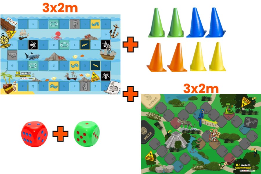ZESTAW: Gra XL - Morska Przygoda 3x2m + Gra XL - Eksploracja Dżungli 3x2m + 2 Kostki + 8 Pionków